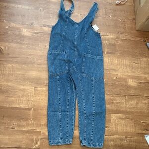 Free People Blue Denim Overalls with Navy Trim